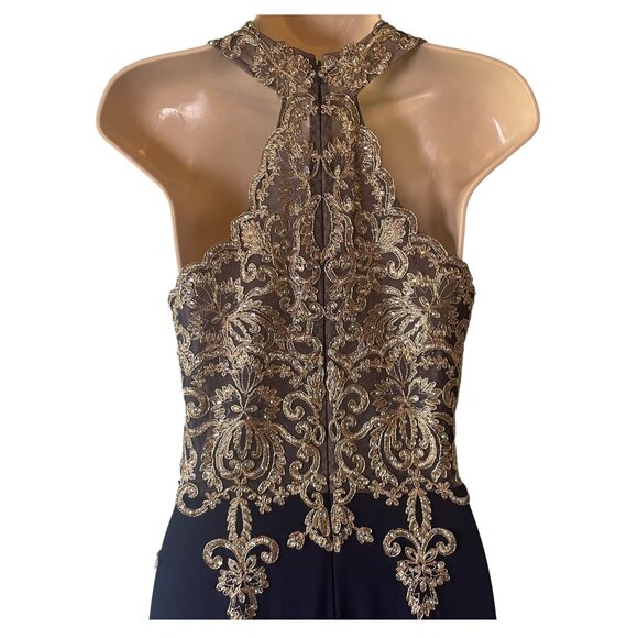 Xscape Crystal Embroidered Halter Velvet Gown in Blue/Gold Size 6 Prom Formal - Picture 6 of 15